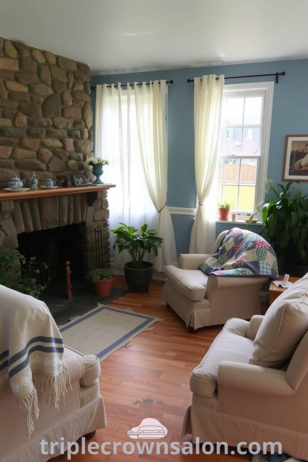 Cozy farmhouse living room featuring blue-toned walls, stone fireplace, plush furniture, and potted plants, offering decor ideas for a warm and inviting atmosphere, perfect for your home. Visit triplecrownsalon.com for more inspiring decor inspirations.