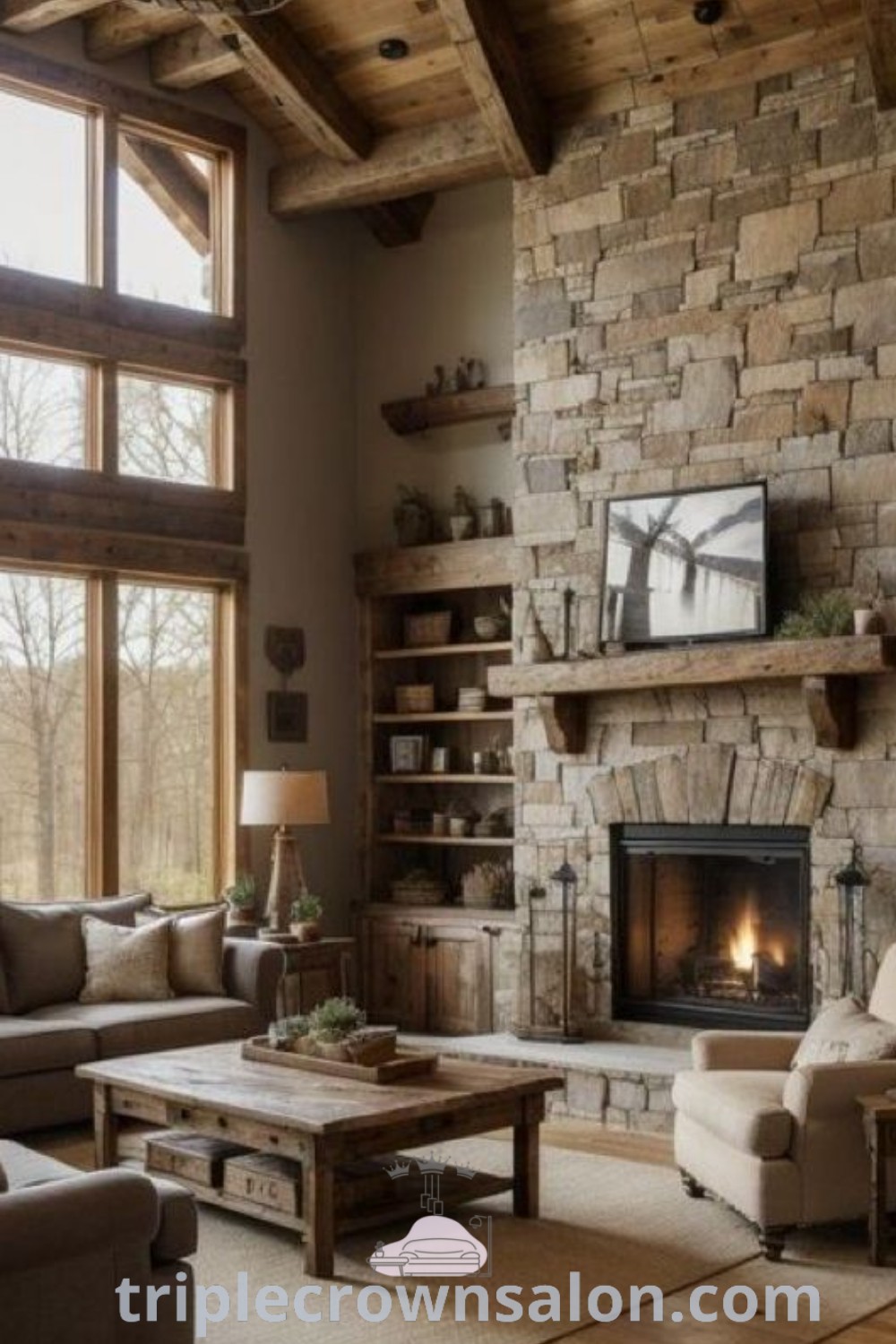 A cozy living room adorned with a ledgestone fireplace, showcasing lodge living room decor and mountain home interiors, perfect for a warm and inviting atmosphere. Discover unique ideas and design tips for a cozy home aesthetic at triplecrownsalon.com.
