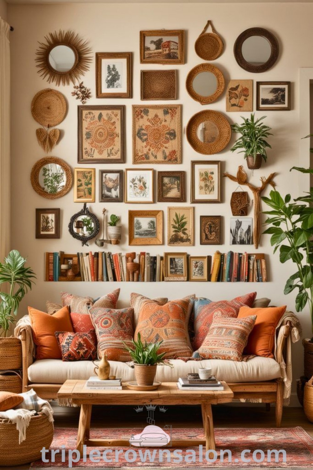 A cozy boho living room featuring stylish furniture and an array of vibrant art pieces above a coffee table, highlighting small boho living room ideas and unique decor inspirations. This vintage bohemian space offers inviting design ideas for a cozy home. Explore more at wellnesswink.com.
