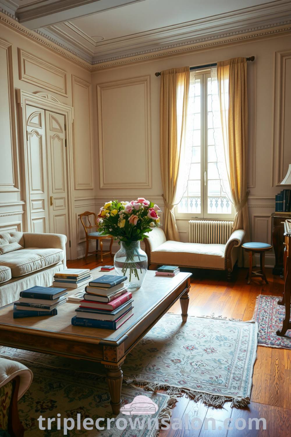 Cozy French living room with soft beige tones, rich oak flooring, plush velvet chaise lounge, delicate lace curtains, antique wooden coffee table with books and flowers, creating an inviting atmosphere. Visit triplecrownsalon.com for unique decor ideas and inspirations.