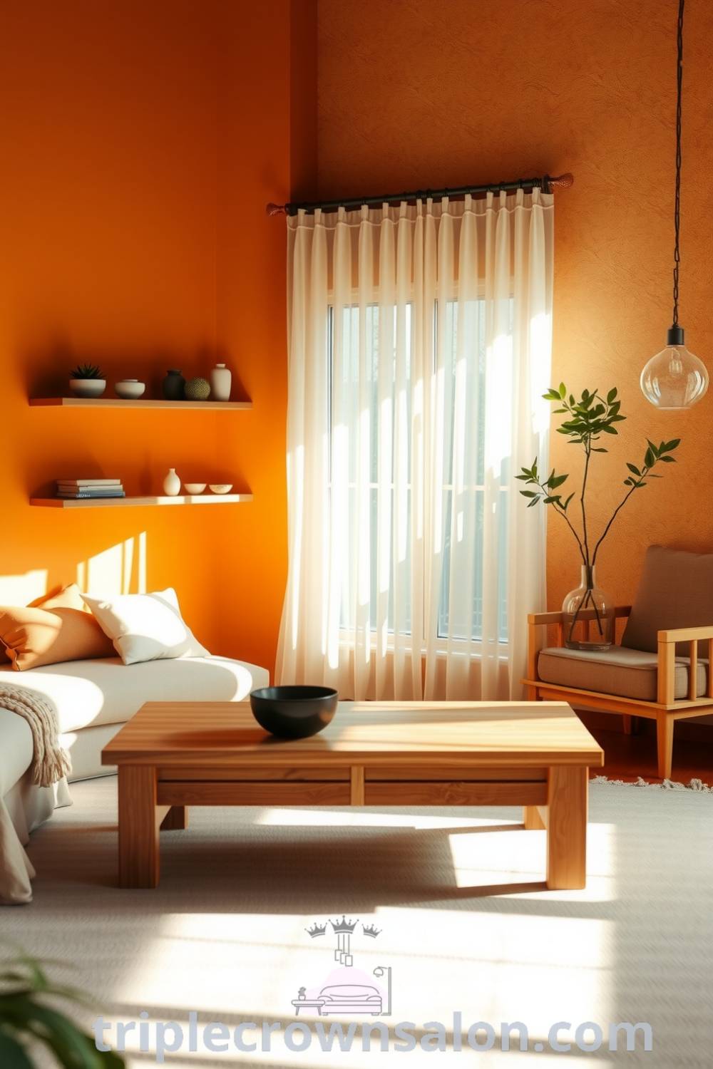 Warm Japandi living room featuring orange tones, natural wood elements, sturdy oak coffee table, soft textiles, muted rug, minimalist shelves with ceramic decor and small plants, creating a cozy and inviting sanctuary for relaxed moments at home, inspired by modern decor ideas. Visit triplecrownsalon.com.