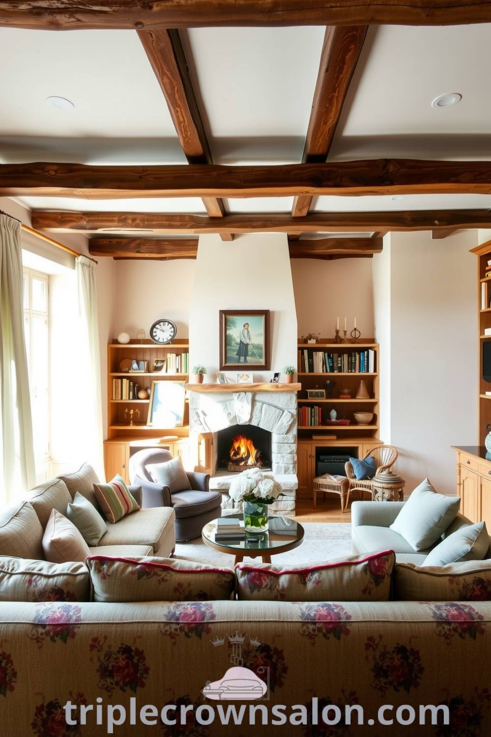 Cozy French living room featuring rustic wooden beams, a plush floral sofa, a stone fireplace with flickering flames, and handcrafted shelves filled with books and trinkets, creating warm and inviting decor ideas for small spaces on triplecrownsalon.com.