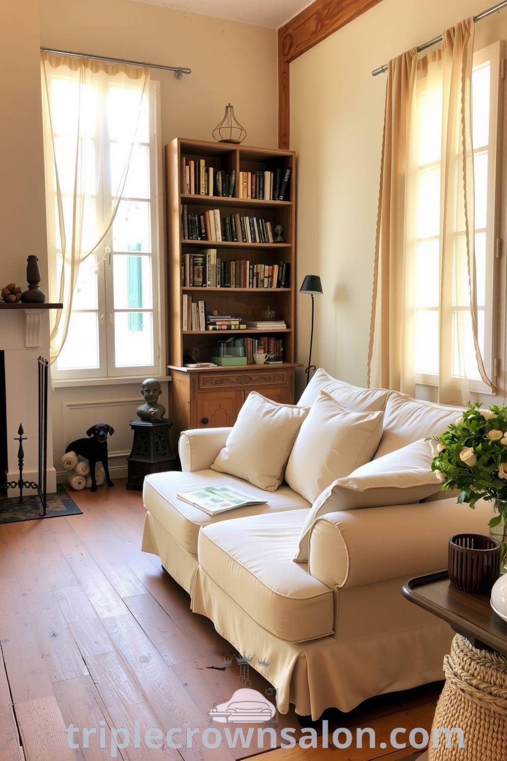Cozy French living room with beige walls, rustic wooden floorboards, oversized sofa with linen cushions, wrought-iron fireplace, large windows with sheer curtains, and an oak shelf displaying books and trinkets, providing inspiring decor ideas for a cozy home. Visit triplecrownsalon.com for more unique ideas.