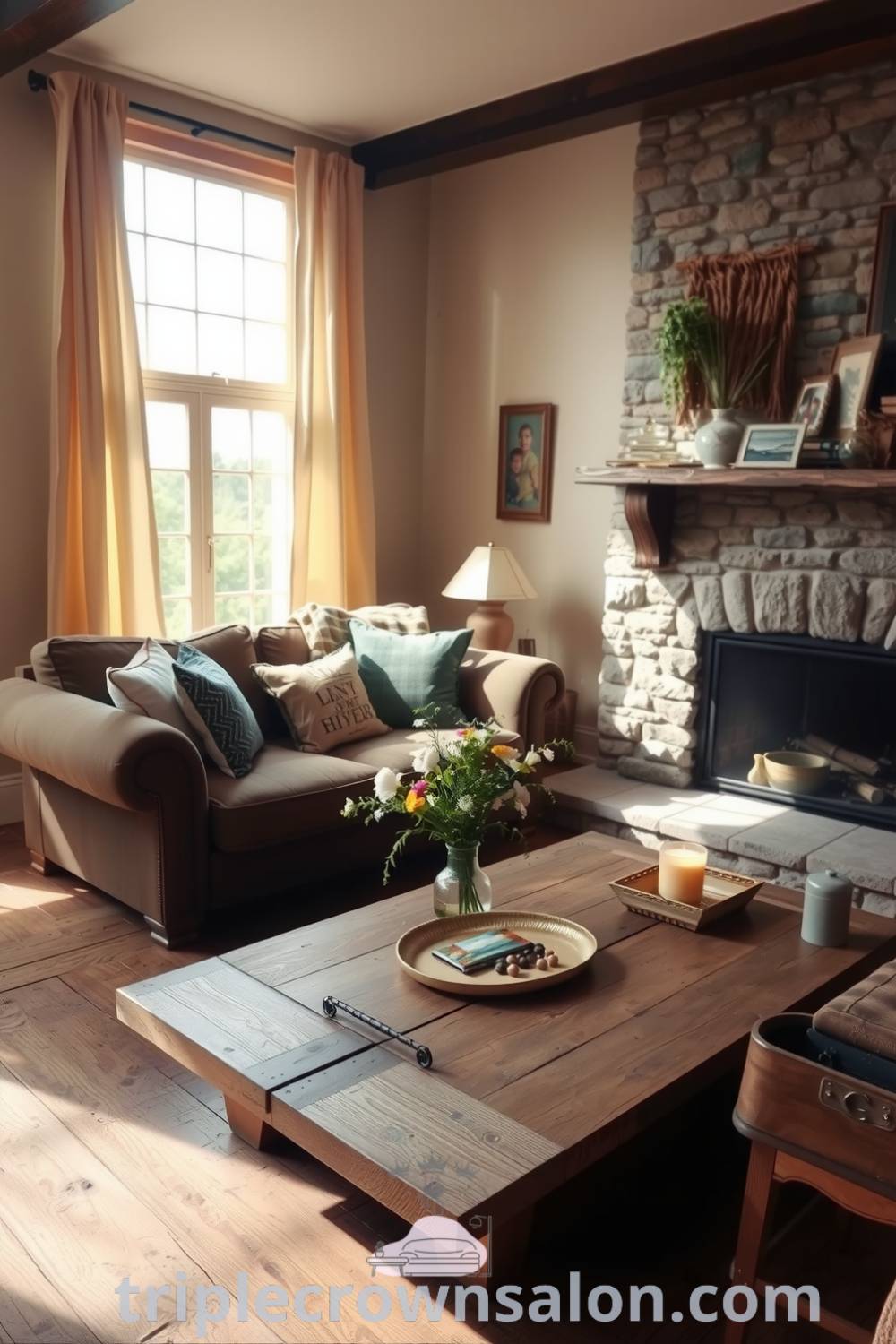 Rustic living room featuring warm beige tones, sun-faded drapes, a plush sofa with mismatched cushions, a reclaimed wood coffee table with wildflowers, and a stone fireplace adorned with family pictures, showcasing cozy ideas and home design inspirations. Visit triplecrownsalon.com for more unique ideas.