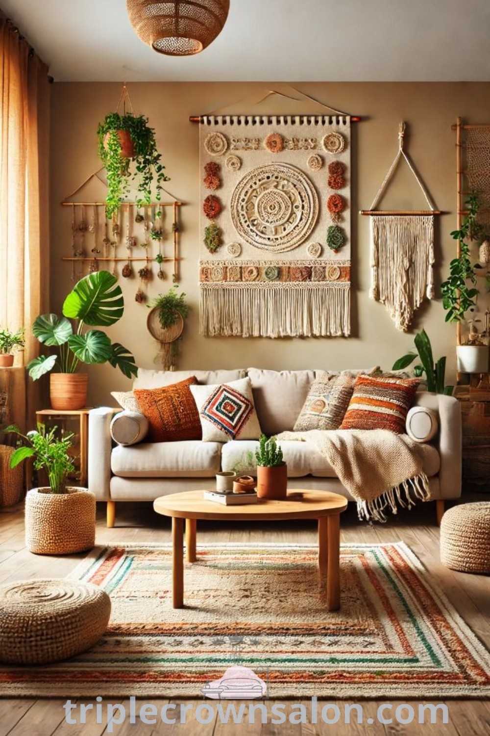 A warm and serene boho living room setup featuring rustic home decor, plants, and cozy elements, designed for small spaces with no windows. This unique design provides inspiration for a cozy apartment aesthetic, showcasing ideas for your home on wellnesswink.com.