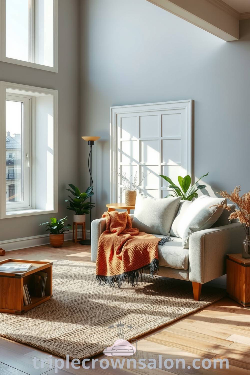 Cozy Scandinavian living room with soft grey tones, plush fabric sofa, natural textures, light wood decor, large windows, handwoven rug, and potted greenery, offering cozy aesthetic and design ideas for your home. Website: triplecrownsalon.com.
