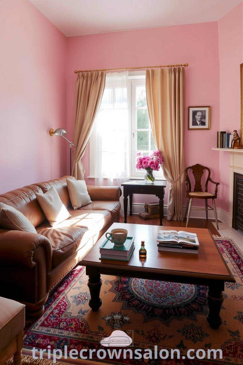 Cozy living room with soft pink walls, a well-worn leather sofa, a woven area rug, and a wooden coffee table filled with books and tea, creating an inviting atmosphere of warmth and comfort, perfect for home inspiration. Visit fireplacesandwoodstoves.com for more cozy ideas.