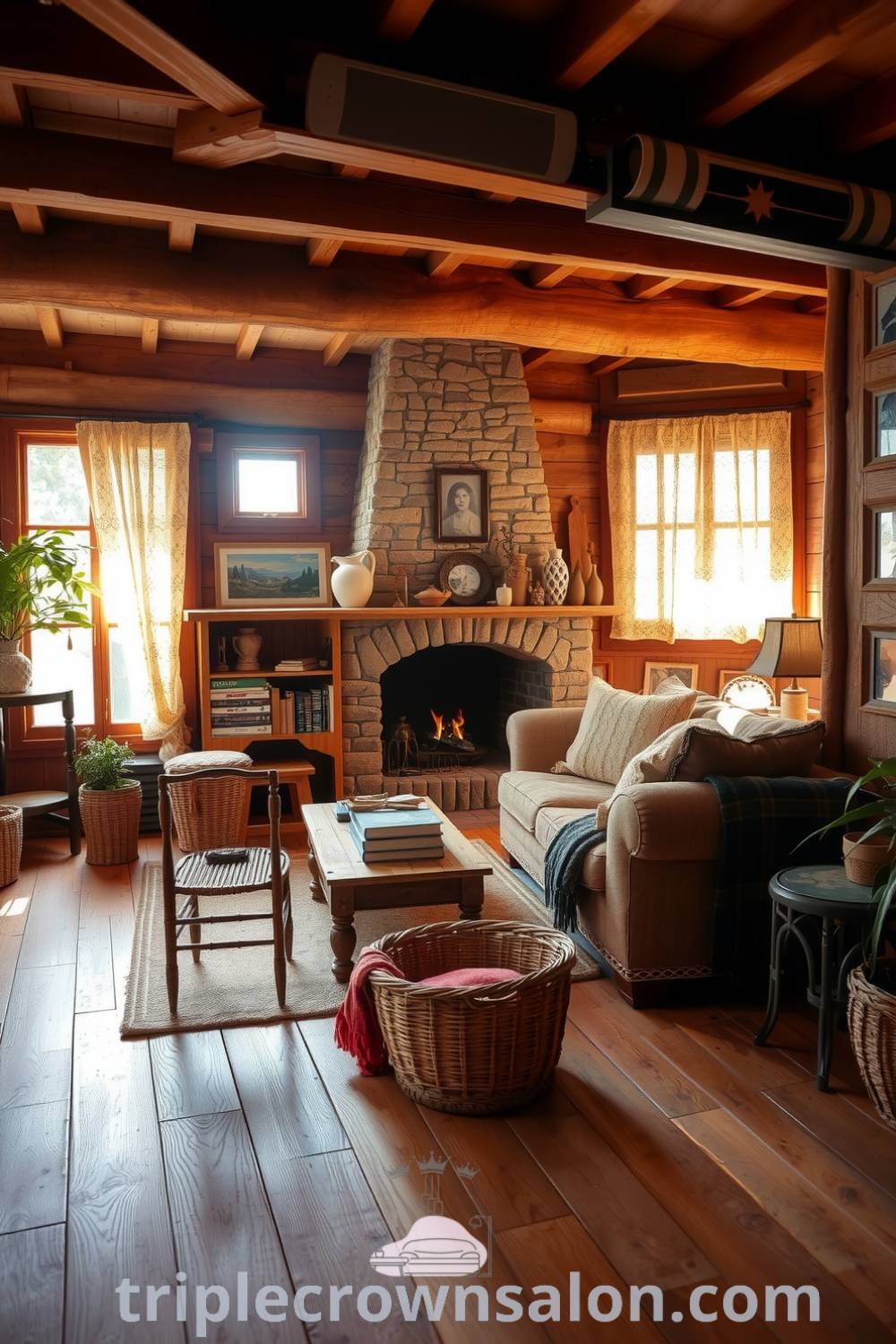 Cozy rustic living room featuring wooden beams, a weathered sofa with knit blankets, a stone fireplace, and natural elements like woven baskets and potted plants, showcasing unique ideas for your home from triplecrownsalon.com.