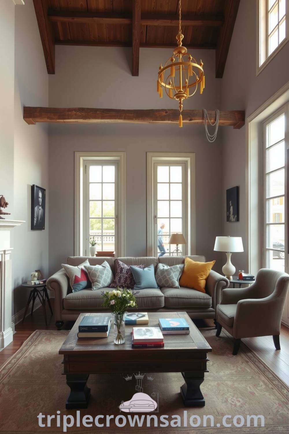 Cozy French living room featuring worn wooden beams, neutral-toned walls, a plush sofa with patterned cushions, a rustic coffee table with books and fresh flowers, reflecting cozy ideas and inviting design inspirations from triplecrownsalon.com.