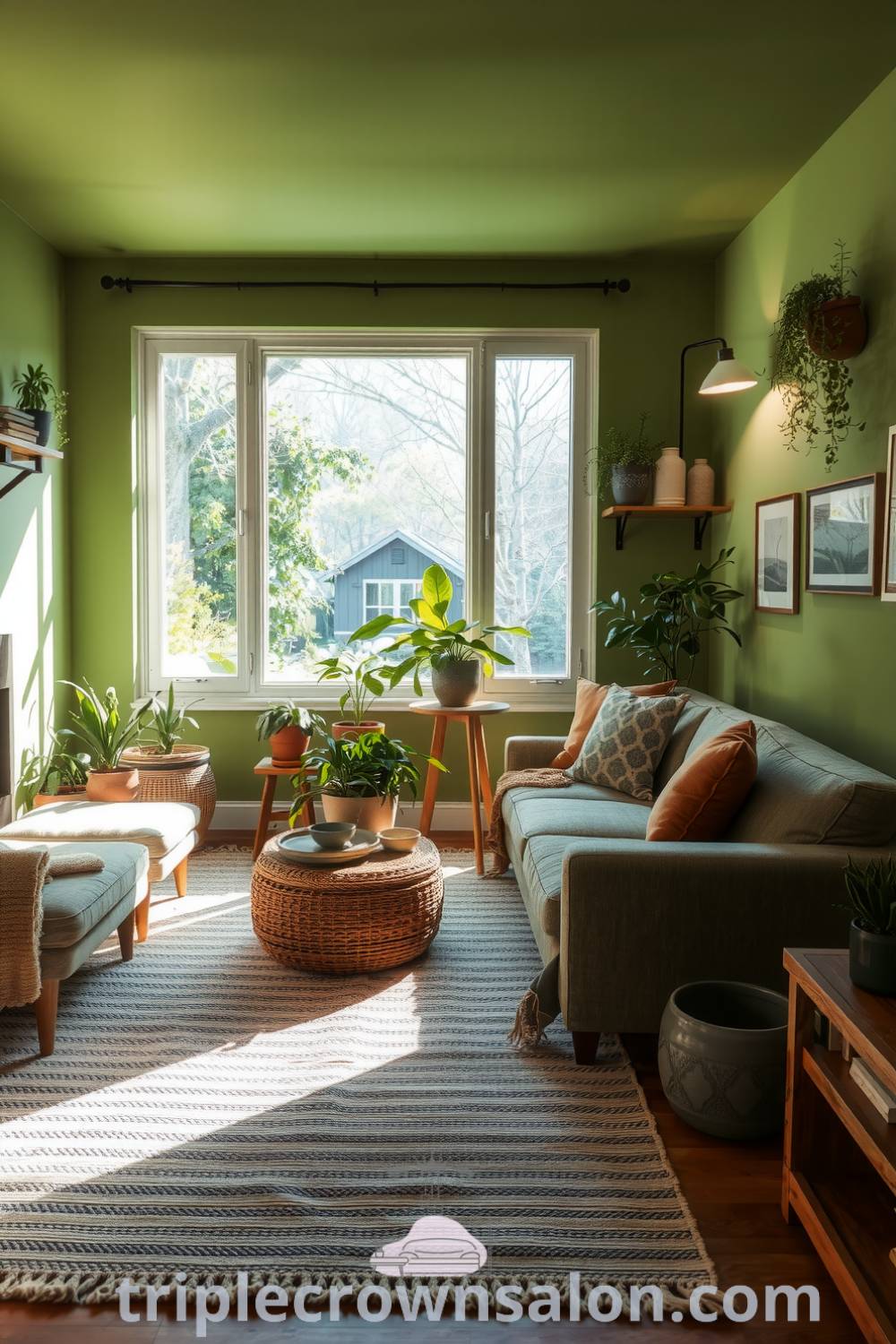 Cozy living room with soft green walls, weathered wooden furniture, earthy textiles, large garden-view window, and potted plants, creating a tranquil retreat. For more cozy home inspiration, visit triplecrownsalon.com.