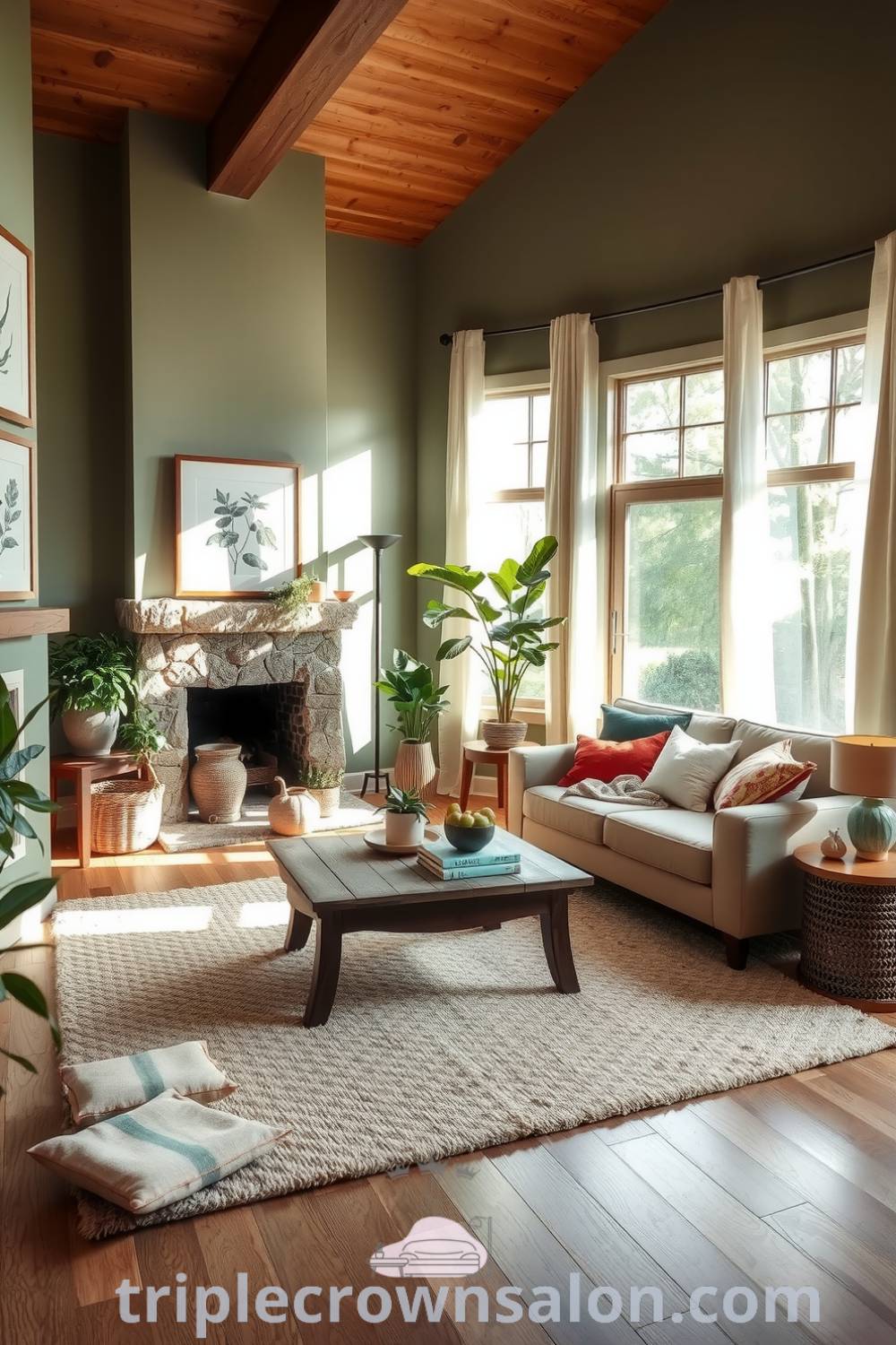 Nature-inspired living room with soft greens, browns, wooden accents, stone fireplace, plush earth-toned rug, potted plants, and botanical prints, creating a cozy retreat atmosphere, perfect for relaxation. For more cozy ideas, visit triplecrownsalon.com.