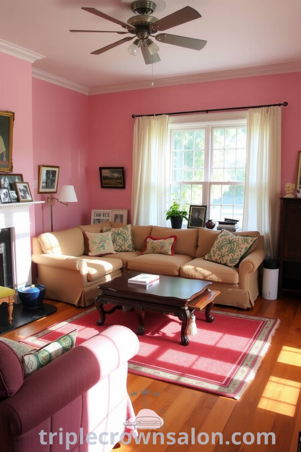 Cozy living room with soft pink walls, a vintage sofa, dark wooden coffee table, and family photos, showcasing warm decor ideas and inviting textures for a unique home atmosphere, from fireplacesandwoodstoves.com.