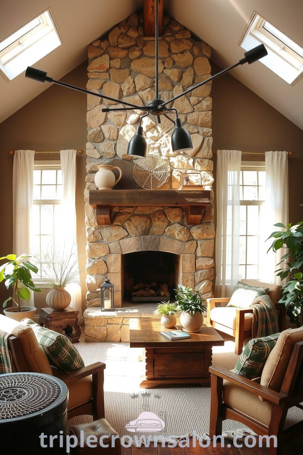 Nature-inspired living room featuring sheer linen curtains, a rough stone fireplace, reclaimed wooden furniture, earthy textiles, and potted plants creating a cozy and tranquil retreat, showcasing inspiring decor ideas for your home on triplecrownsalon.com.