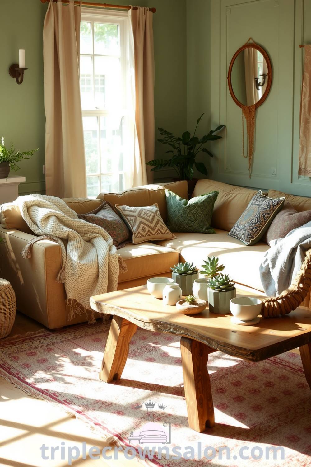 Boho-style living room with soft green tones, textured fabrics, oversized knit throw, patterned cushions, and potted succulents on a wooden coffee table, providing cozy ideas and decor inspirations for a relaxed and inviting home environment, showcased on fireplacesandwoodstoves.com.