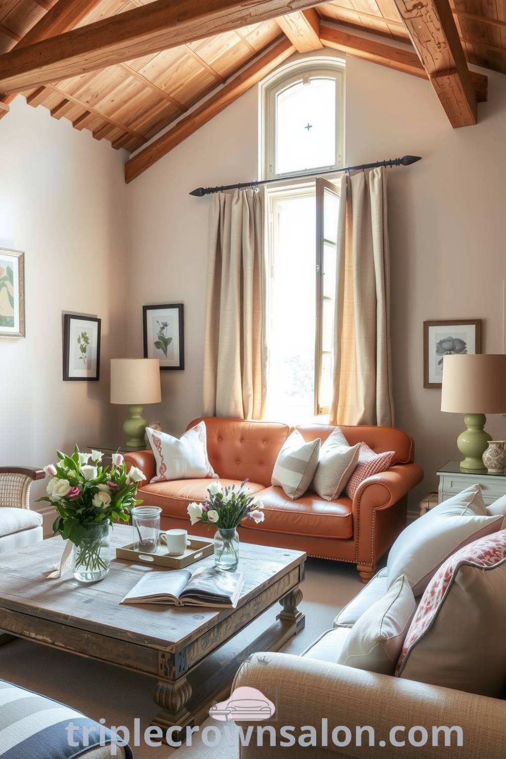 Cozy French living room with pastel walls, rustic wooden beams, aged leather sofa, reclaimed wood coffee table, botanical prints, and a bouquet of flowers, designed for a cozy aesthetic. Ideas for your home, decor inspirations, and design ideas can be found at triplecrownsalon.com.