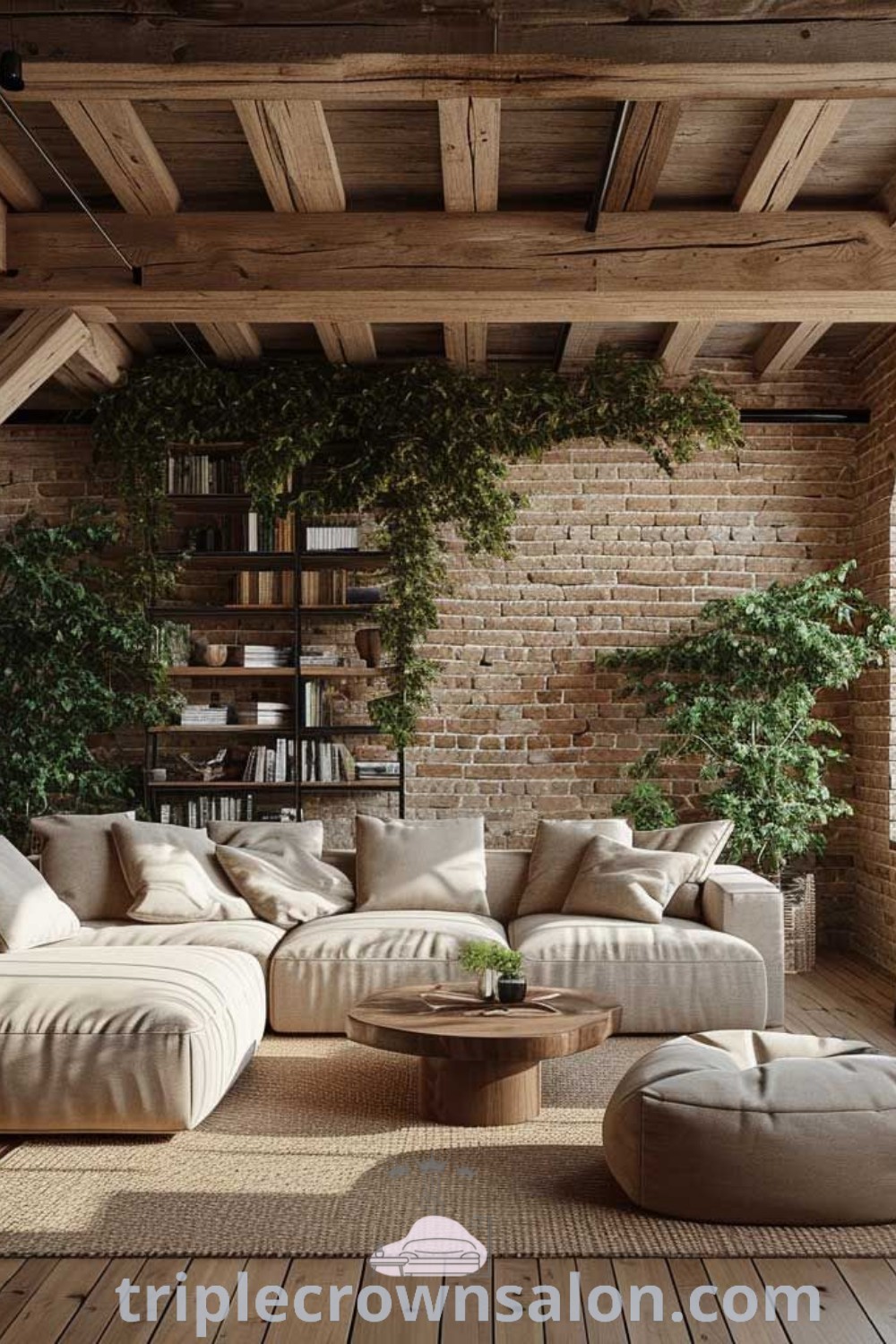 An industrial living room filled with stylish furniture and vibrant plants on the windowsill, blending boho and earthy decor inspirations. This vibrant space offers cozy ideas and unique designs for your home, enhancing comfort and style. Discover more decor ideas at triplecrownsalon.com.