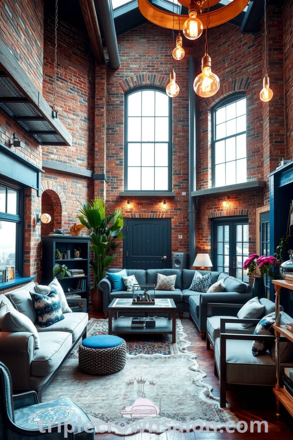 Cozy industrial living room featuring exposed brick walls, deep blue accents, weathered metal and reclaimed wood furniture, large windows with natural light, and Edison bulbs, creating a warm and inviting atmosphere. For more design ideas for your home, visit triplecrownsalon.com.