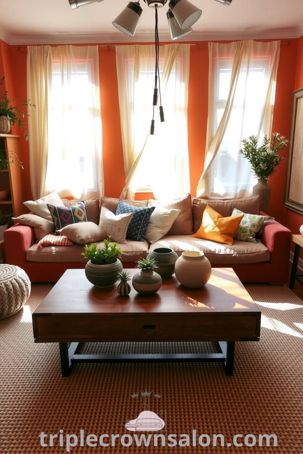 Colorful boho living room with warm orange tones, an oversized sofa covered in mismatched cushions, a low wooden coffee table with plants and ceramics, and sunlight filtering through sheer curtains, creating a cozy ambiance perfect for design inspirations from fireplacesandwoodstoves.com.