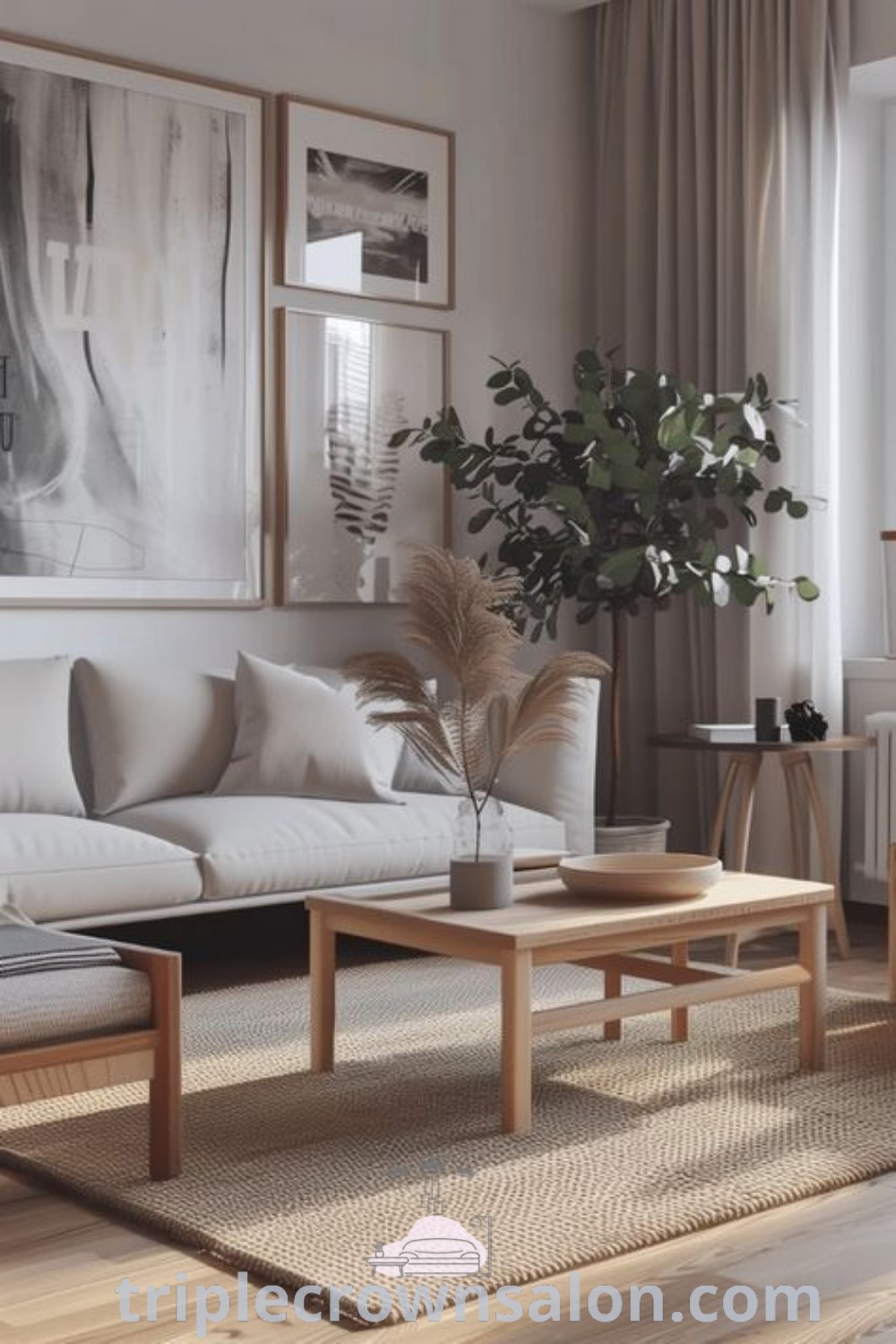 A cozy Scandinavian living room featuring a grey sofa, clean design elements, and various Scandinavian accessories. This space highlights modern Scandinavian interior styles and offers unique ideas and decor inspirations for small homes. Discover more at triplecrownsalon.com.