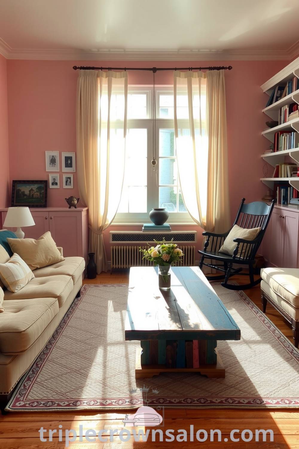 Cozy living room with soft pink walls, an overstuffed sofa, a reclaimed wood coffee table, and a textured rug, perfectly designed for inspiration and comfort, offering unique ideas for your home at fireplacesandwoodstoves.com.