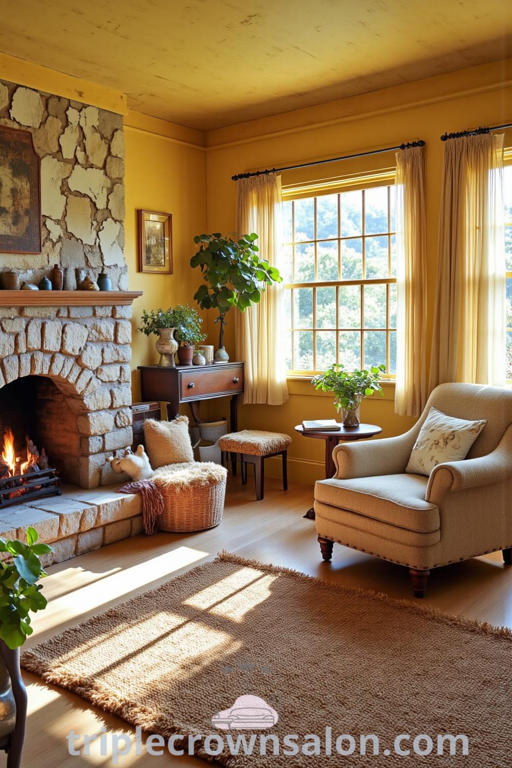 Rustic living room featuring soft yellow hues, a crackling stone fireplace, weathered wooden walls, and mismatched furniture, creating a cozy atmosphere with inspiring decor ideas for your home from fireplacesandwoodstoves.com.