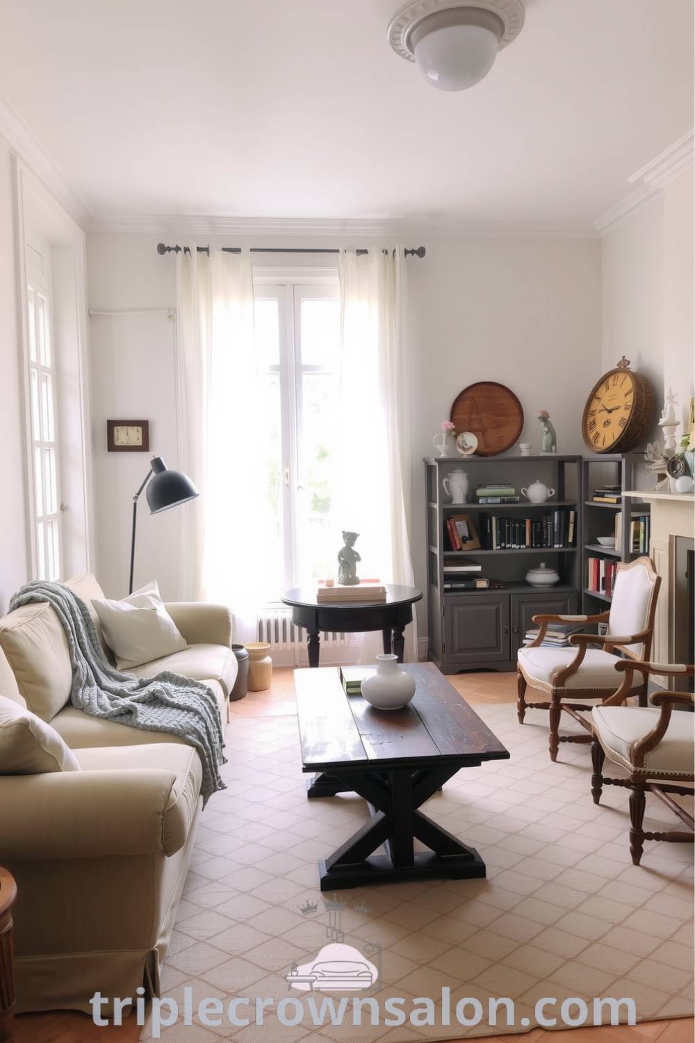 Cozy French living room with pastel walls, plush sofa draped in knitted throw, rustic wooden coffee table, mismatched armchairs, porcelain figures, and shelves filled with books, showcasing cozy decor ideas and inspirations for your home on triplecrownsalon.com.