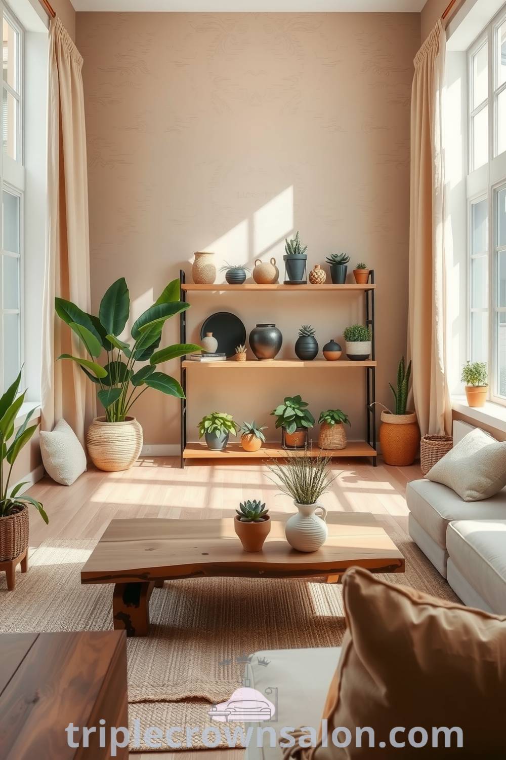 Cozy nature-inspired living room featuring natural light, reclaimed wood coffee table, jute rug, deep green potted plants, and artisanal pottery, creating a tranquil and inviting space. Website triplecrownsalon.com.