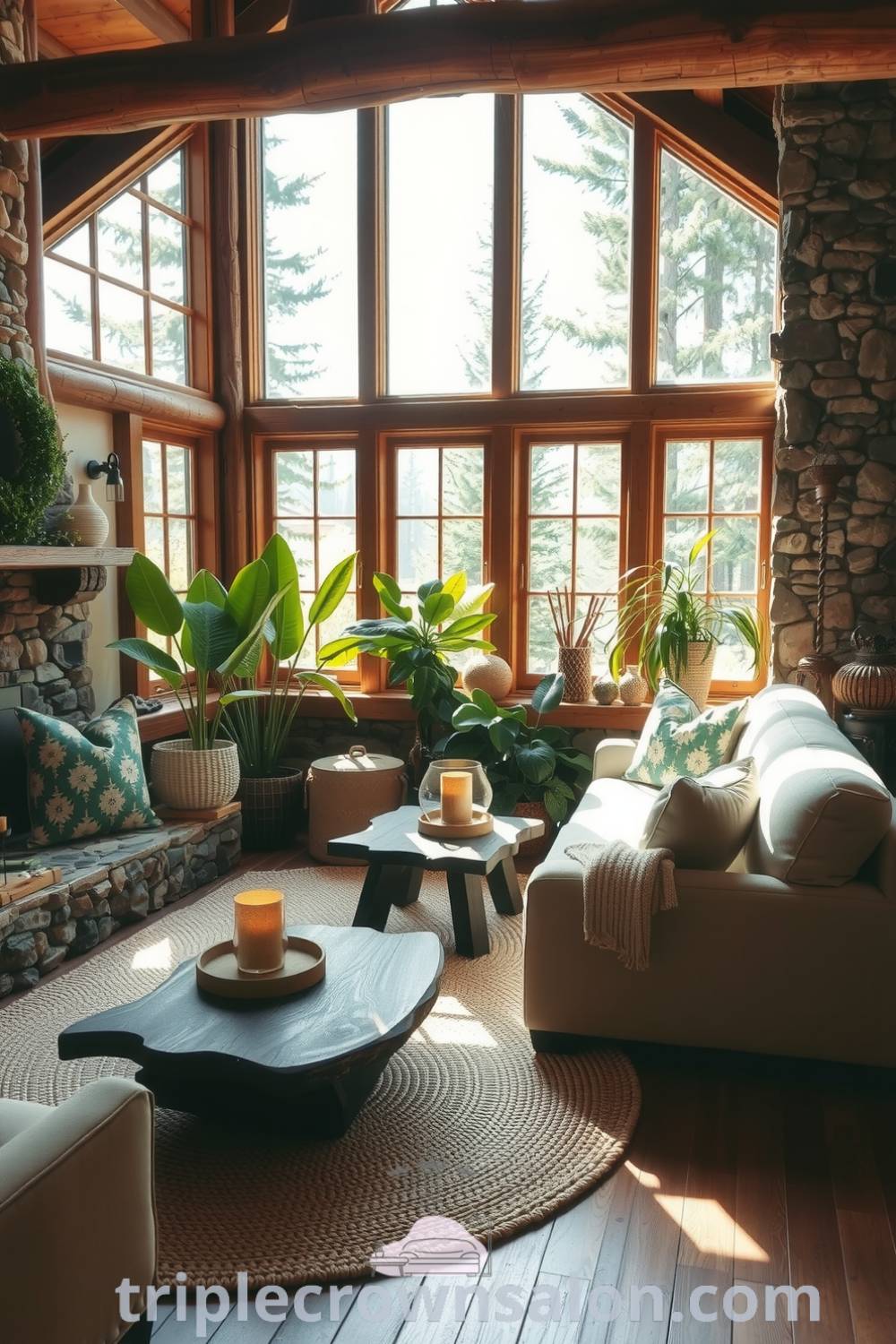 Cozy nature-inspired living room featuring soft earth tones, a plush sofa, vibrant green plants, sunlight filtering through large windows, a woven jute rug, and rustic accents, embodying cozy ideas and decor inspirations for your home at triplecrownsalon.com.