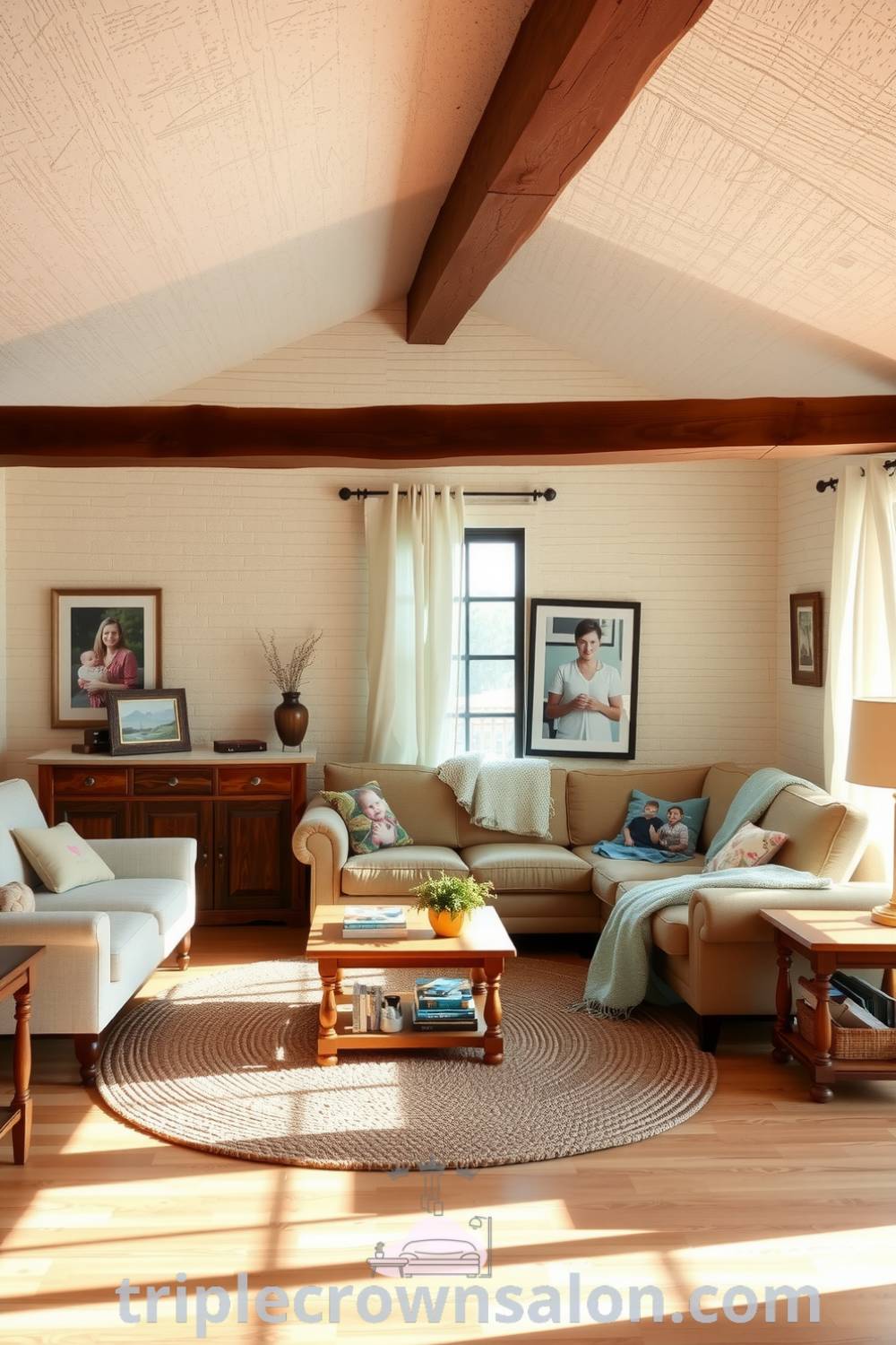 Beige farmhouse living room with textured walls, wooden beams, oversized couch, mismatched furniture, and soft lighting creating a warm and inviting atmosphere, featuring cozy decor ideas and inspirations for your home. Visit triplecrownsalon.com for more cozy ideas.