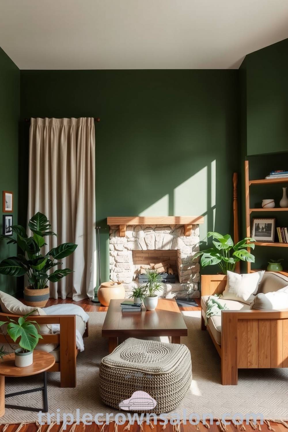 Cozy living room with earthy green walls, rustic wood furniture, oversized plants, soft linen curtains, textured stone fireplace, and handwoven rug, creating a serene and inviting atmosphere. Explore more cozy ideas at triplecrownsalon.com.