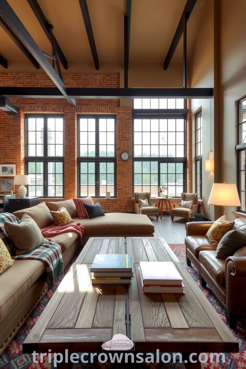 Spacious industrial living room with beige walls, exposed brick, steel beams, a cozy sectional sofa with a plaid throw, a weathered wooden coffee table, and large windows flooding the room with natural light, featuring cozy ideas and decor inspirations for unique designs at triplecrownsalon.com.