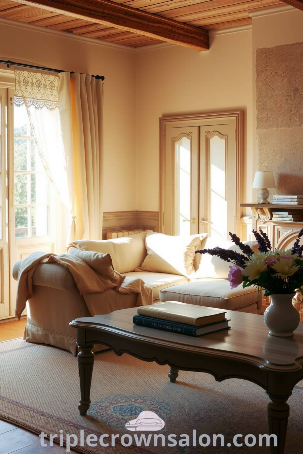 Cozy French living room featuring soft pastels, warm wood and stone accents, an overstuffed floral sofa, lace curtains, an antique coffee table with books and flowers, creating a tranquil and inviting space. Visit triplecrownsalon.com for more cozy ideas and decor inspirations for your home.