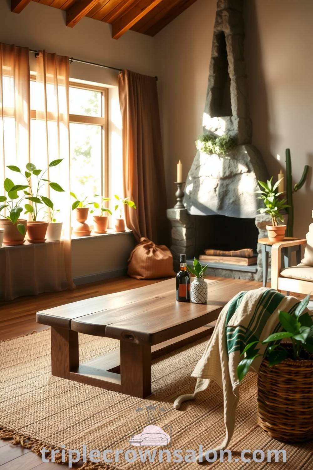Nature-inspired living room featuring earthy colors, organic linen curtains, a handcrafted wooden coffee table, a woven jute rug, potted plants on the windowsill, and a rustic stone fireplace, creating inspiring decor ideas for a cozy home at triplecrownsalon.com.