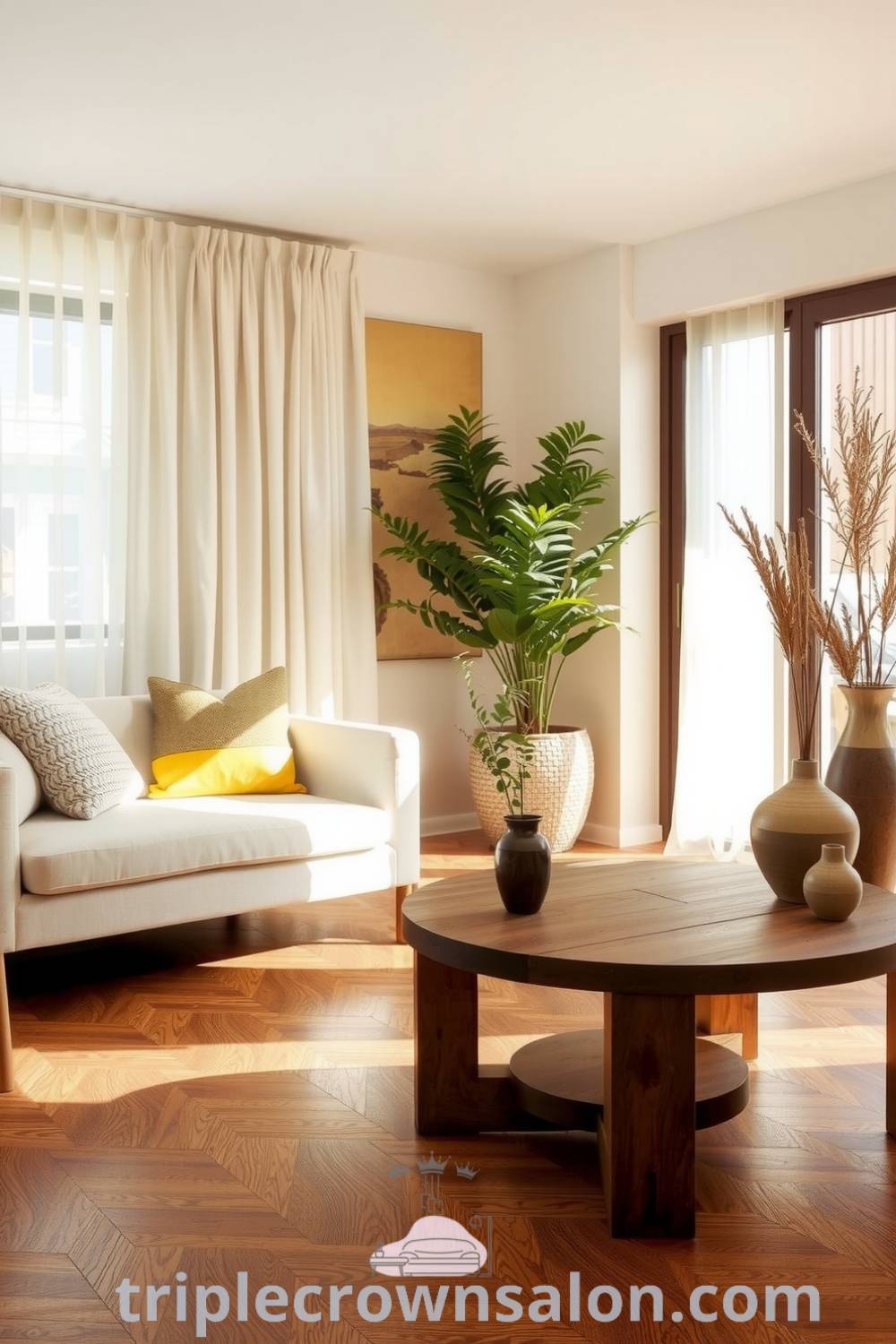 Japandi living room featuring natural materials, soft yellow accents, sheer linen curtains, polished wooden floor, low-profile sofa with textured cushions, handcrafted coffee table, potted greenery, and artisanal ceramic vases for a cozy and stylish home. Visit triplecrownsalon.com for cozy home decor ideas.
