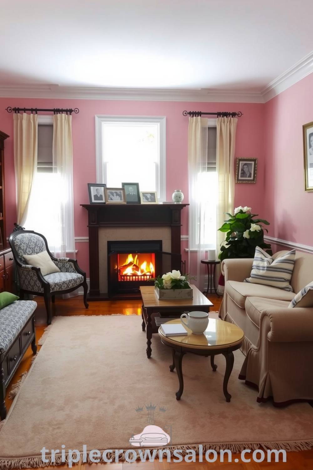 Classic living room with soft pink walls, a faded area rug, dark wood furniture, family photos in mismatched frames, and sunlight filtering through sheer curtains, showcasing cozy ideas for home decor at fireplacesandwoodstoves.com.