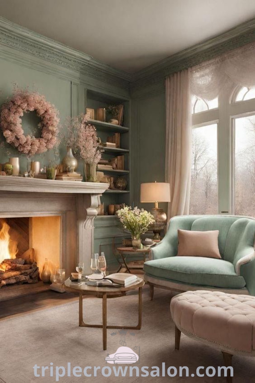An elegant living room decorated in sage green and pink hues, featuring cozy furniture and a charming fireplace, embodying warm aesthetics and Bridgerton style. This decor offers design ideas for your home, including inspirations for small spaces, at triplecrownsalon.com.