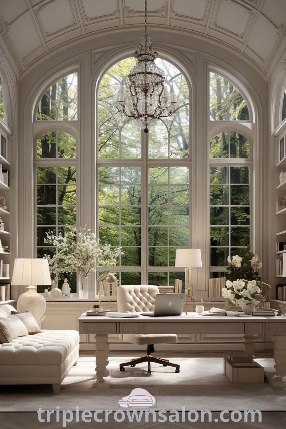 A luxurious living room filled with elegant furniture next to large windows and a beautiful chandelier, showcasing inspiring decor ideas for your home. This cozy aesthetic offers unique ideas to create a warm environment. Discover more design trends at triplecrownsalon.com.