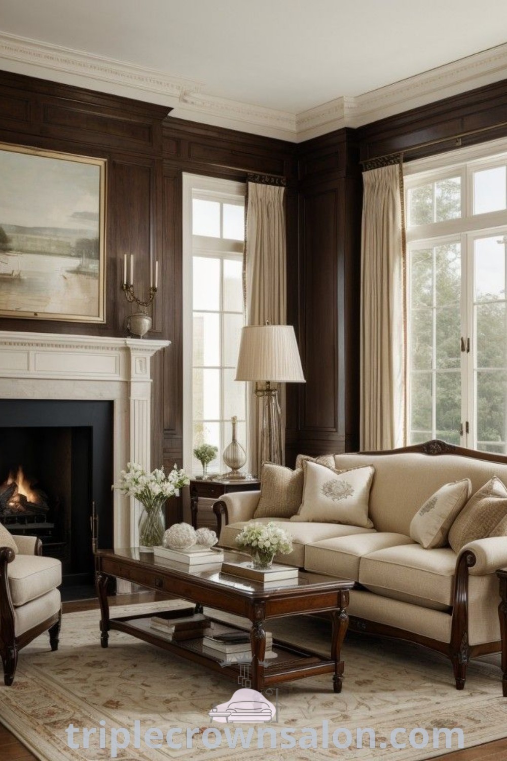 A modern Regency living room with sleek furniture and a cozy fireplace, offering inspirations for Scandinavian interior design and classic decor ideas. This inviting space showcases unique ideas for your home, enhancing comfort and style. Discover more design tips at triplecrownsalon.com.