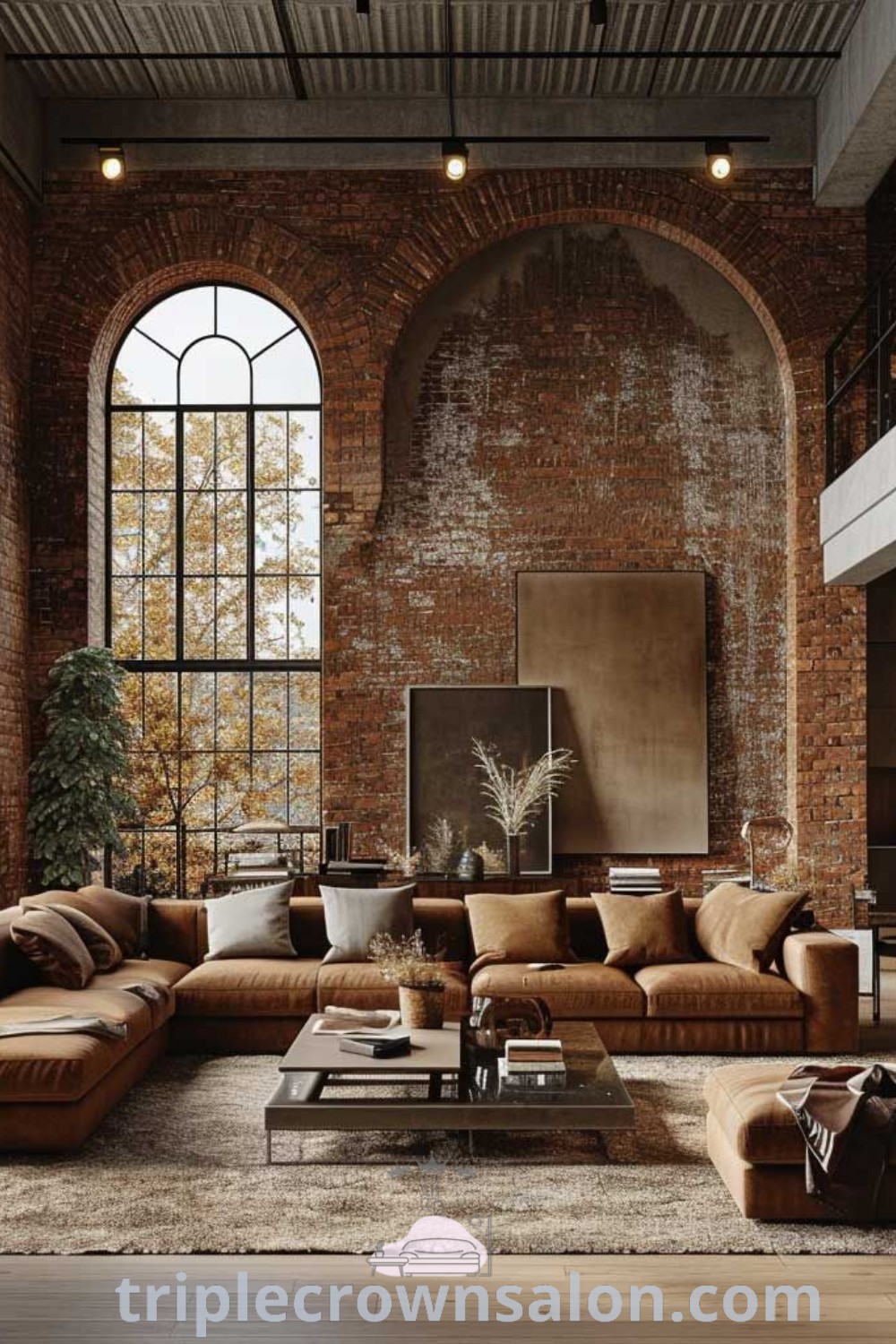 An industrial living room with brick walls, large windows, leather couches, a coffee table, and a rug, showcasing unique decor ideas and a cozy aesthetic. Explore inspiring designs for your home at triplecrownsalon.com.