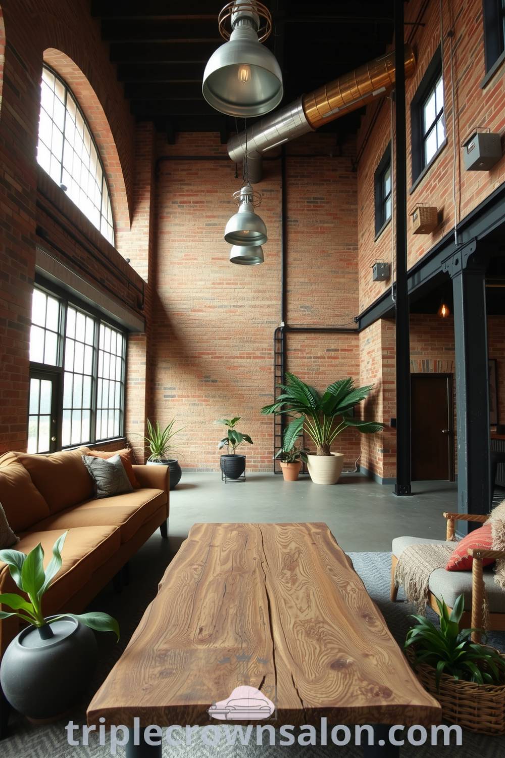 Rustic industrial living room with exposed brick walls, earthy-toned sofa, reclaimed wood coffee table, large windows, and metal light fixtures, creating a cozy and inviting atmosphere with a blend of comfort and industrial charm. Ideal decor ideas for small spaces from triplecrownsalon.com.