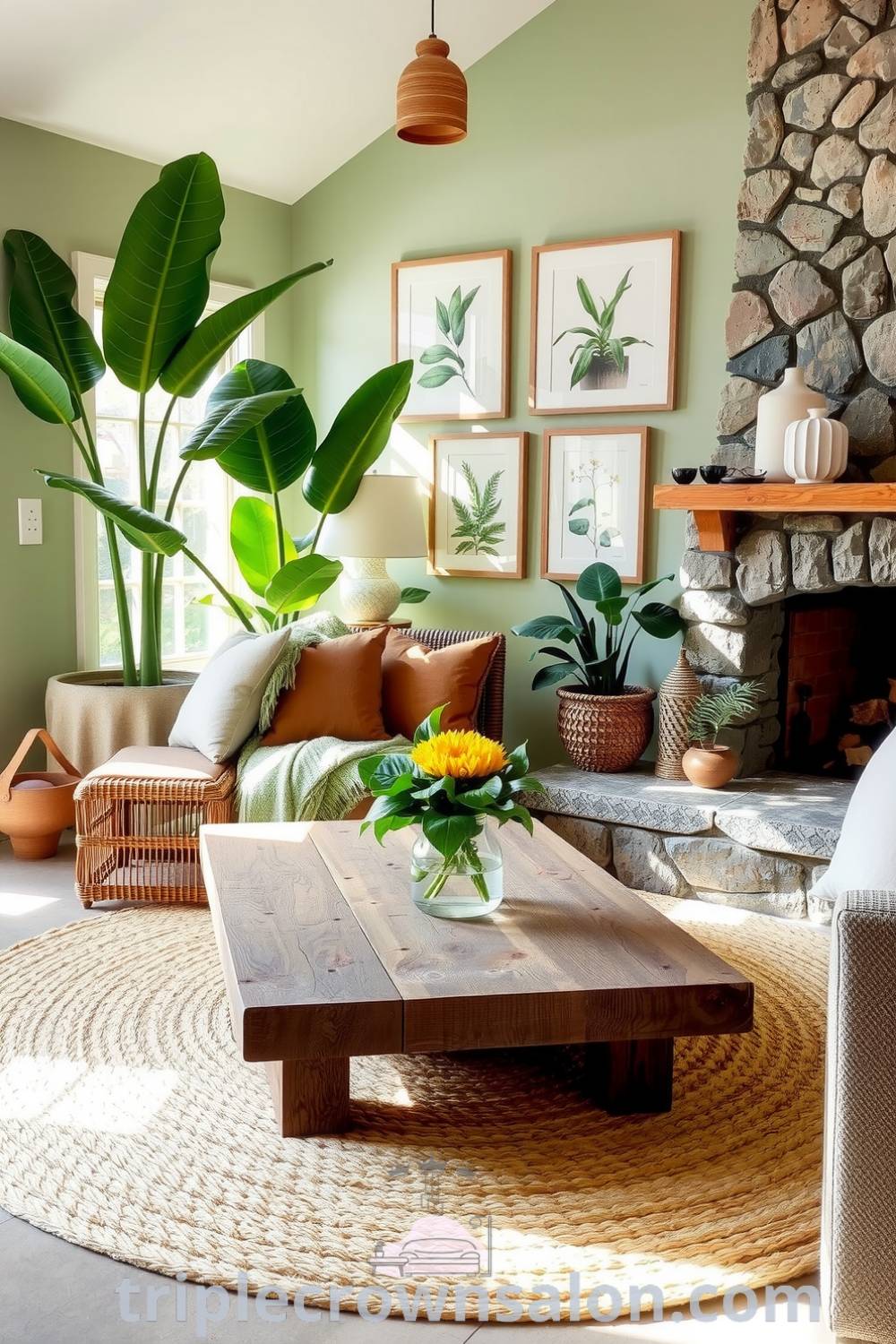 Nature-inspired living room featuring leafy plants, earthy tones, a reclaimed wood coffee table on a handwoven jute rug, and a stone fireplace, offering cozy ideas and decor inspirations for a serene and inviting home decor at triplecrownsalon.com.