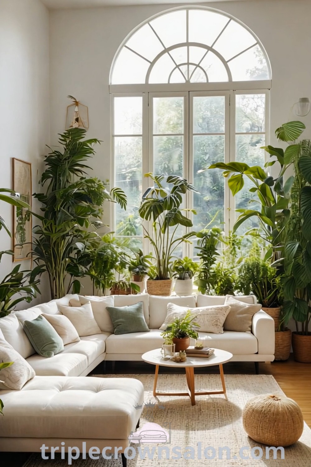 A cozy boho-inspired tropical living room featuring plants and minimalist decor, creating an inviting atmosphere. The room reflects decor ideas for small spaces and inspiring designs that enhance functionality. For more decor inspirations, visit triplecrownsalon.com.