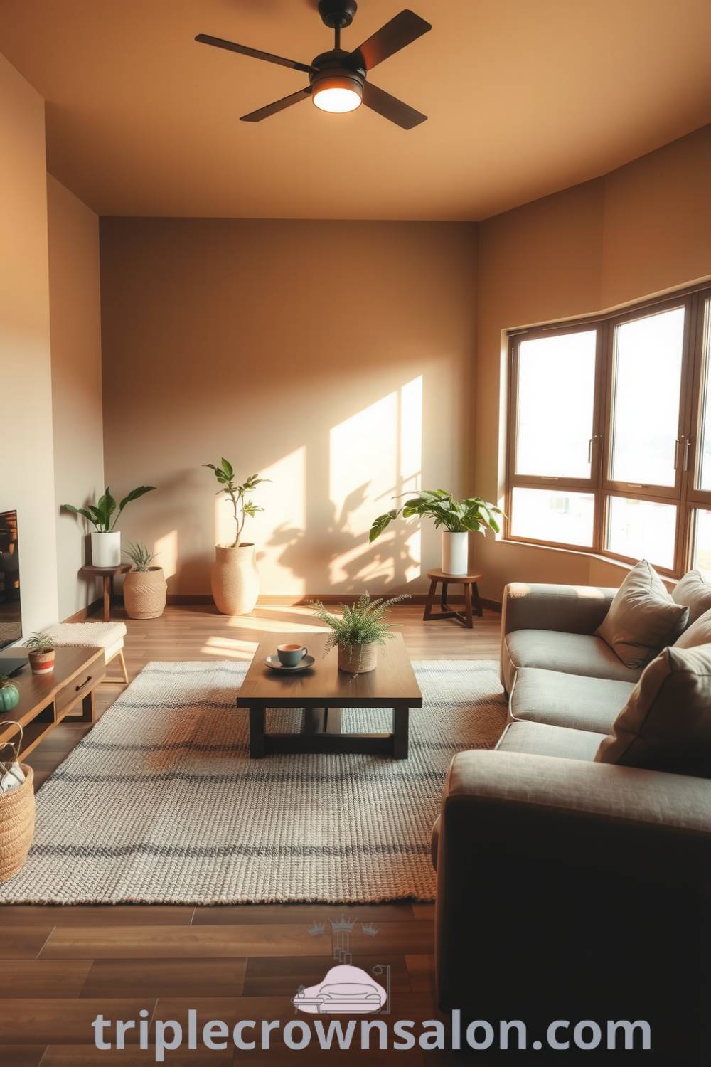 Japandi living room featuring earthy brown tones, minimalist sofas, a low wooden coffee table, potted plants, and natural sunlight creating a cozy and inviting space, with decor ideas inspired by the cozy aesthetic at triplecrownsalon.com.