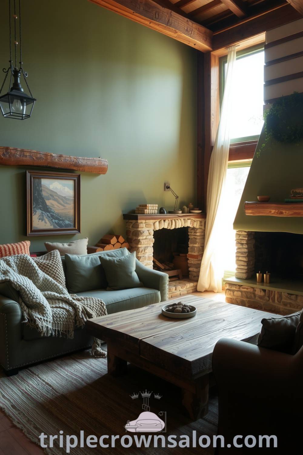 Rustic living room with soothing green walls, exposed stone, and weathered wood, featuring a plush sofa with hand-knit throws, a reclaimed timber coffee table, and a crackling fireplace, perfect for cozy ideas and inviting home inspirations. For more, visit fireplacesandwoodstoves.com.