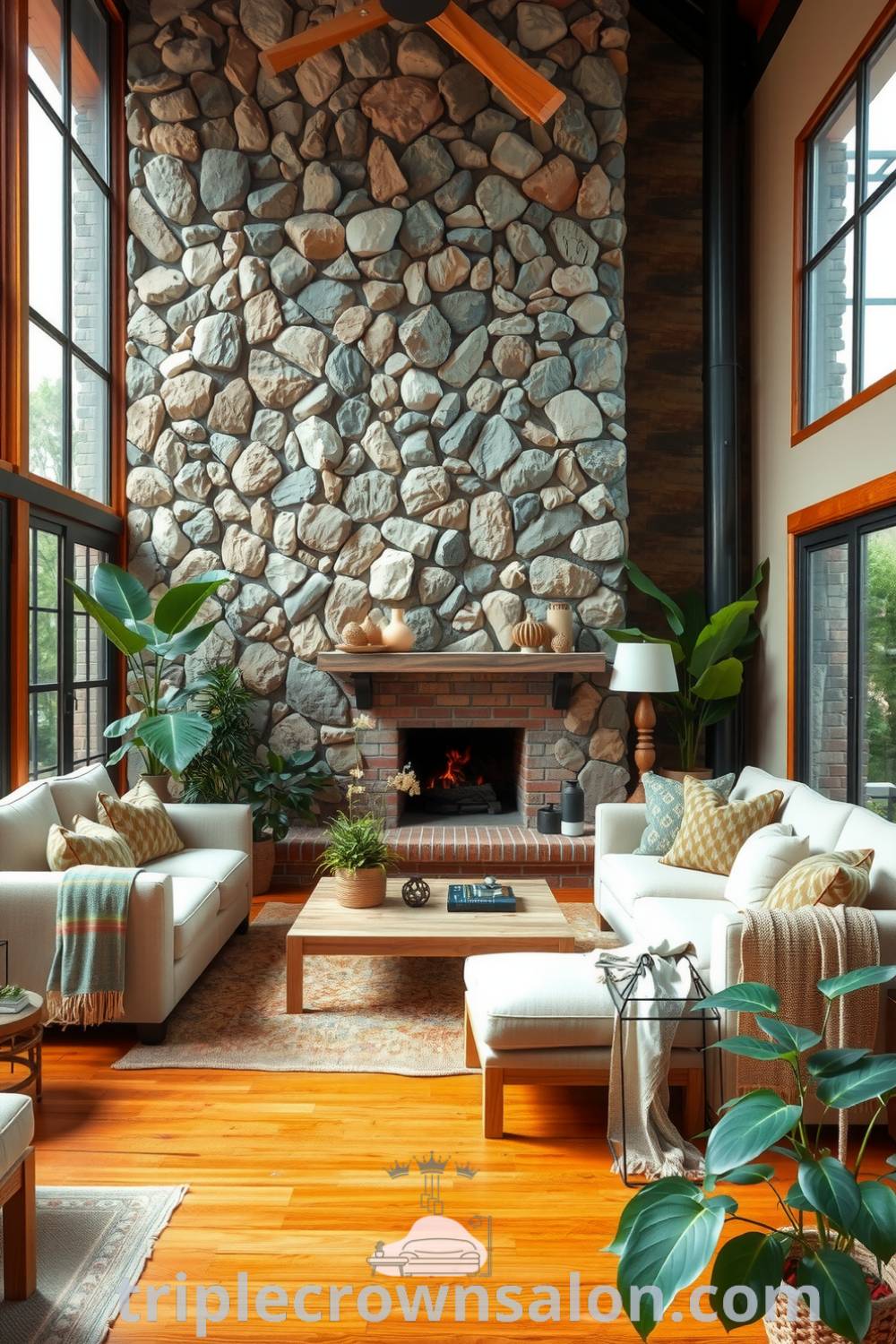 Nature-inspired living room with warm earth tones, a rough stone wall, soft handwoven textiles, lush green plants, and a rustic brick fireplace, creating a cozy home atmosphere with unique decor ideas and inspirations for your home. Visit triplecrownsalon.com for more decor ideas.