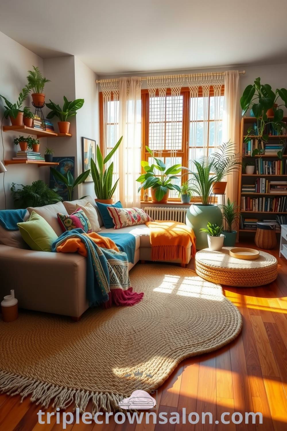 A cozy boho living room featuring a worn beige couch with colorful throws, soft green cushions, a chunky woven jute rug, eclectic plant and book shelves, and macramé curtains, offering inspiring decor ideas and cozy atmospheres for your home, from fireplacesandwoodstoves.com.