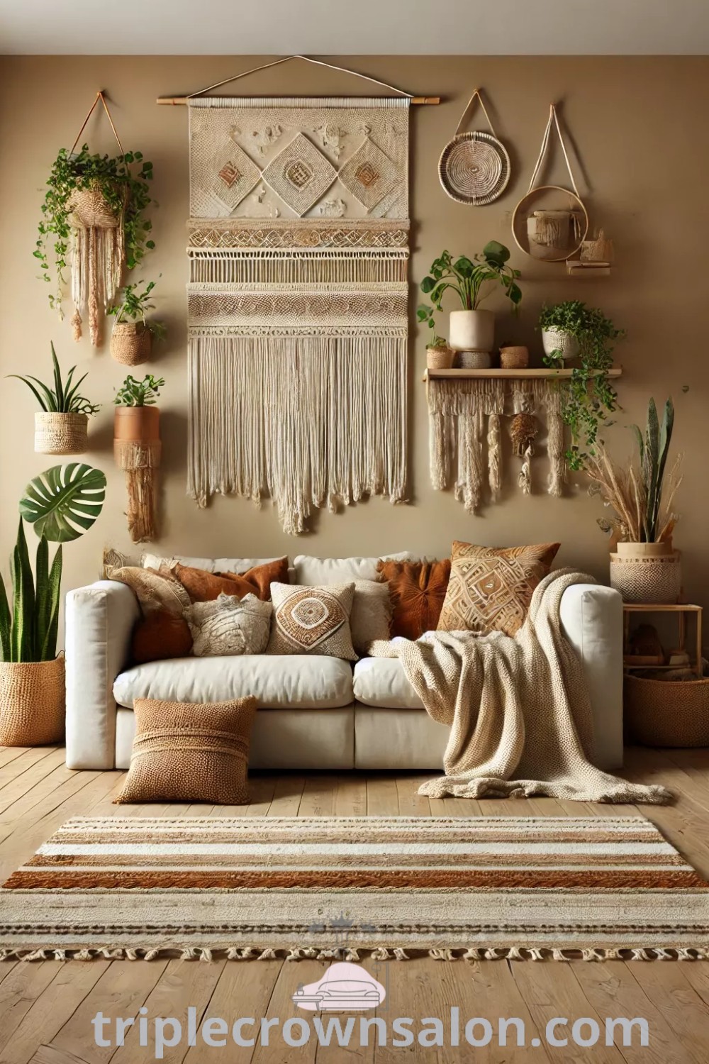 A cozy living room featuring a white couch, ample furniture, and hanging plants on the wall, showcasing a boho accent wall design. This space captures earthy apartment decor inspirations and cozy ideas to enhance any home. Explore more unique design ideas at wellnesswink.com.