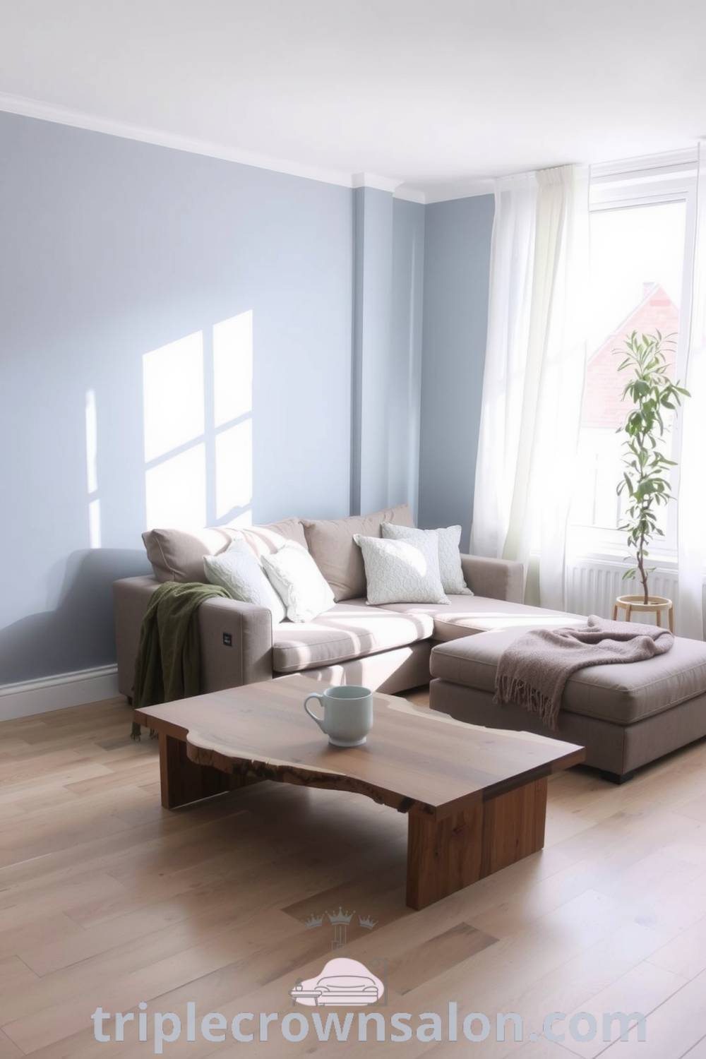 Scandinavian living room featuring soft blue walls, a neutral-colored plush sofa with textured pillows, a handcrafted reclaimed wood coffee table, and a tall leafy plant, creating a cozy and inviting atmosphere, ideal for relaxation and design inspirations. Visit triplecrownsalon.com for ideas you need to see for your home.