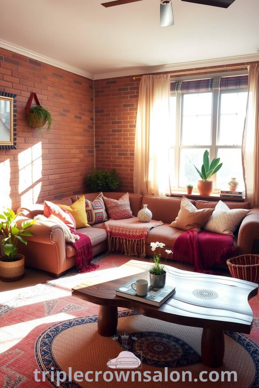 Boho living room with warm orange hues, woven rugs, and eclectic pillows on a sofa, surrounded by exposed brick walls, soft sunlight through sheer curtains, and lively potted plants, showcasing cozy ideas and decor inspirations for your home at fireplacesandwoodstoves.com.