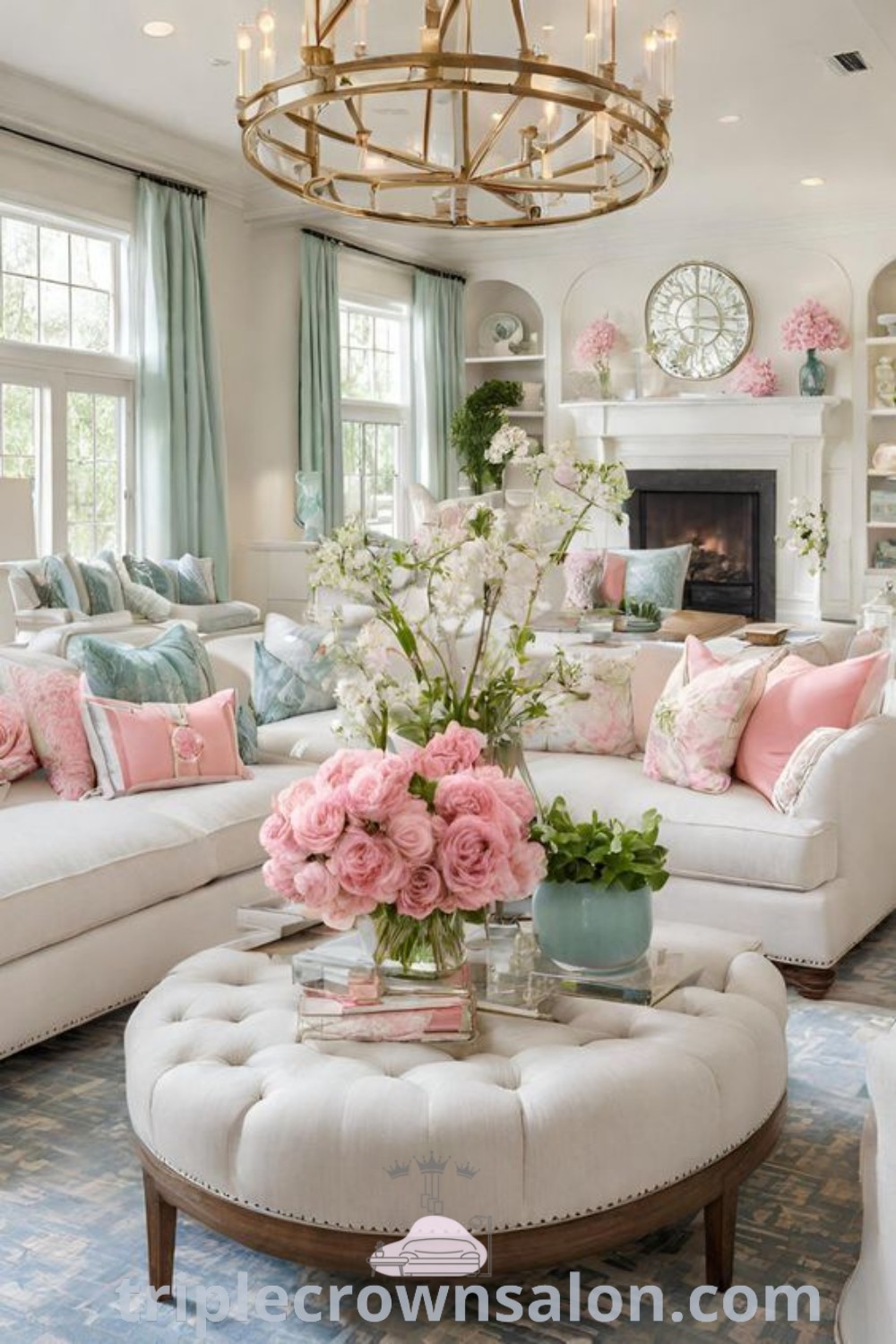 A stylish shabby chic living room featuring elegant furniture and fresh flowers on the coffee table, showcasing a cozy aesthetic and unique decor ideas for your home. Explore these inspiring design ideas and tips for your cozy home at triplecrownsalon.com.